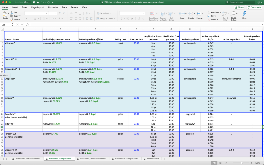 Screen Shot of Spreadsheet